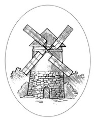 Wall Mural - Milling windmill vector. Hand drawing of a building for the production of flour. Pencil, ink, felt-tip pen, marker, paper. Inscribed in an oval, ellipse. Isolated on a white background. 