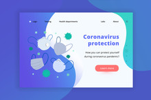 Сoronavirus Banner With Medical Face Masks And Respirators, Protection Against Covid-19 Outbreak. Vector Banner Template Layout, Pre-made Website Page, Coronavirus Outbreak