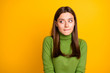 Portrait of scared frightened girl made mistake look copyspace bite lisp wear stylish clothing isolated over bright color background
