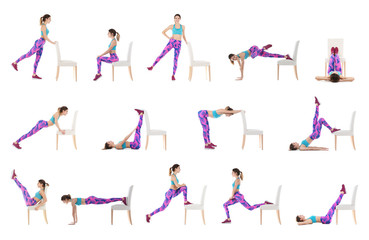 Canvas Print - Collage of young woman exercising with chair on white background. Home fitness