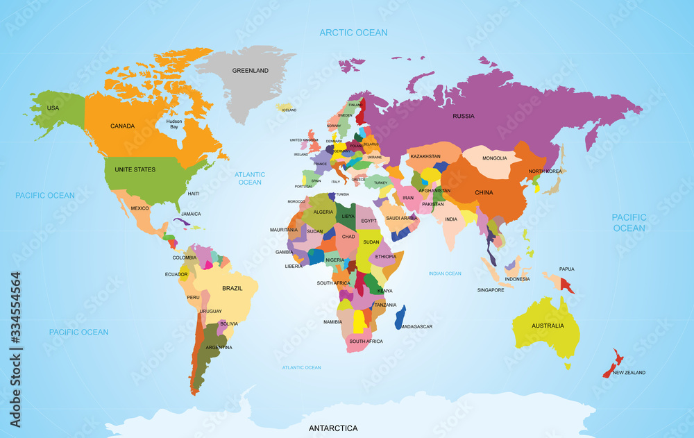 World map with names of countries and oceans. Travel agency concept ...