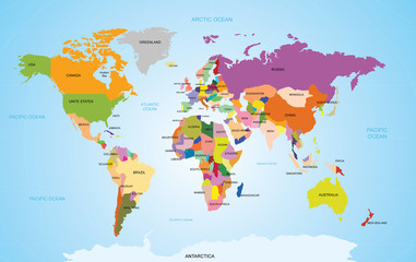  World map with names of countries and oceans. Travel agency concept