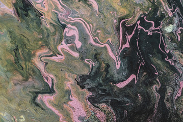 Wall Mural - Dirty fluid art background with dark green, orange and pink tints and black stains. Eerie effect of acrylic paints. Liquid ink of bog tones. Toxic surrealistic abstract texture with mix marsh colors.