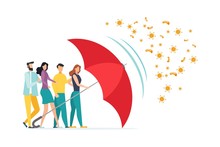 Immune System Vector Icon Logo. Protection Against Bacteria Health Viruses. Healthy Men And Women Stand Behind A Red Umbrella And Repel The Attack Of Bacteria With A Umbrella. 