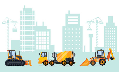 cityscape with construction machinery vector. city with equipments and transport, skyline with build