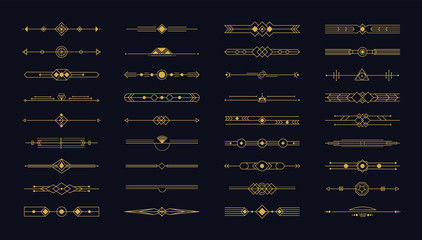 Set of art deco gold page dividers. Vintage header and border template in style of 1920s. Calligraphic flourishes page decoration vignettes for your design