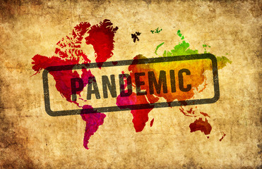 Wall Mural - Pandemic Covid-19 virus alert with World map. Virus hazard, pandemic, health risk concept background.