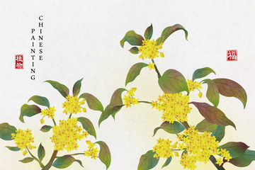 Wall Mural - Chinese ink painting art background plant elegant flower Sweet Osmanthus. Chinese translation : Plant and Blessing.