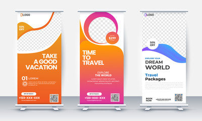 Wall Mural - Template universal roll up banner for business or travel. Design a vertical brochure with mountains and a field, with a place for photos and information. Vector illustration. Set