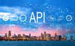API - application programming interface concept with downtown Chicago cityscape skyline with Lake Michigan