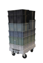 Fototapete - plastic boxes stacked one upon the other on warehouse trolley or platform trolley, isolated on white background