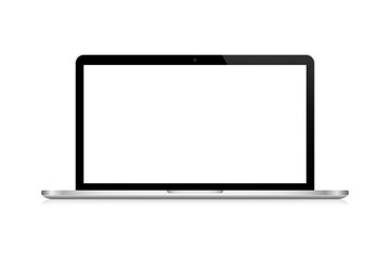 Poster - Laptop computer vector realistic illustration isolated on white background. Desktop mock up computer monitor. Realistic vector mockup on black backdrop.