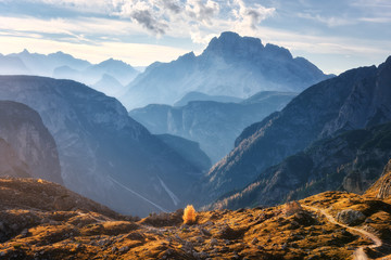 Wall Mural - mountain canyon lighted by bright sunbeams at sunset in autumn. dolomites, italy. landscape with mou