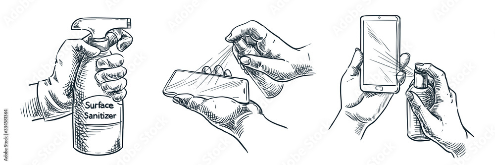 Gadget surface cleaning, sanitation, disinfection. Vector illustration. People treat smartphone with antibacterial spray - obrazy, fototapety, plakaty 