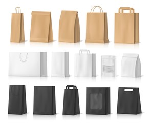 paper bag mockups of shopping, gifts and food packages realistic vector design. white, brown and bla