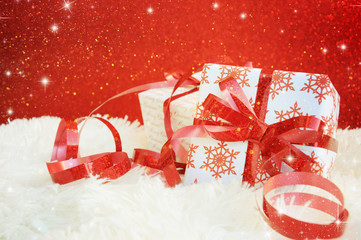 Christmas background with decorations and gift boxes