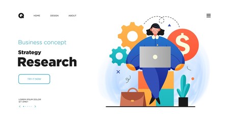 Poster - Science research website Landing page template design. Concept of Scientist character making research in a laboratory. Web page layout with modern business concept illustration.