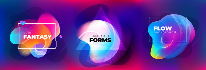 Wall Mural - Set of Abstract Liquid elements for Background Design. Fluid Dynamic Graphic Element for Modern Banner, Poster, Flyer or Presentation Template with Line Pattern. Color Flow Frame illustration.