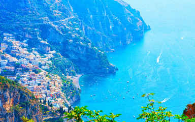 View of Path of Gods and Tyrrhenian sea and Positano reflex