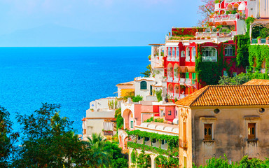 Wall Mural - Villas in Positano town at Tyrrhenian sea reflex