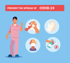 Wall Mural - doctor explain Infographics how prevent the spread of covid 19