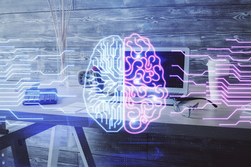 Double exposure of brain drawing and office interior background. Concept of data technology.