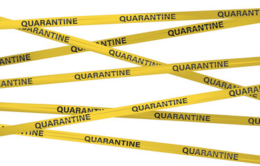 Virus quarantine warning. Do not cross yellow tape barrier. Danger zone access restricted. Graphic illustration