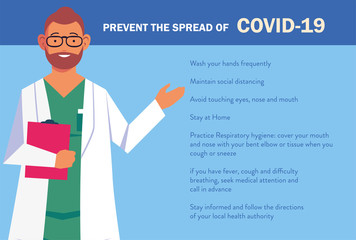 Wall Mural - doctor explain Infographics how prevent the spread of covid 19