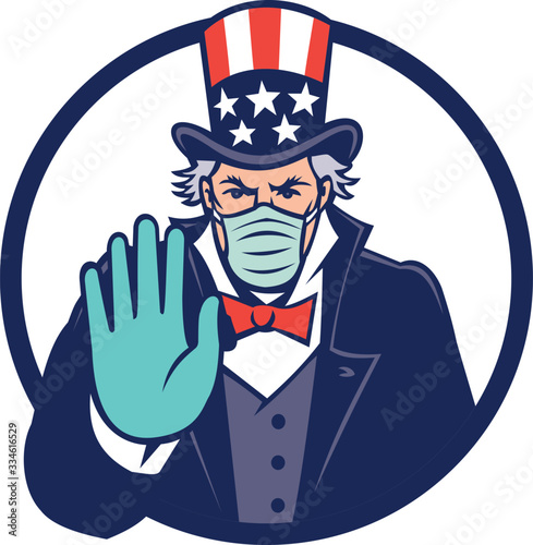 Fotografía Mascot icon illustration of American Uncle Sam, national personification of US government, wearing a surgical mask, saying stop spread of virus by hand signal on isolated background in retro style