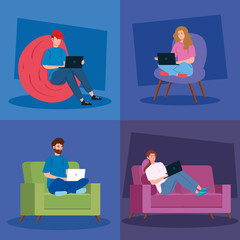 Sticker - set scenes of young people working in telecommuting vector illustration design