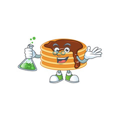 Wall Mural - Chocolate cream pancake genius Professor Cartoon character holding glass tube