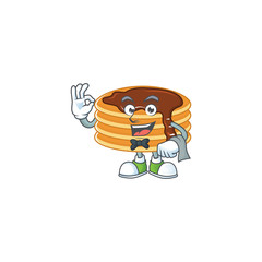 Sticker - A chocolate cream pancake waiter cartoon character ready to serve