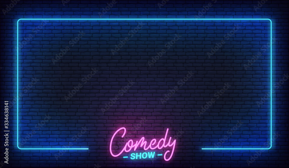 Comedy show neon template. Comedy lettering and glowing neon border frame - obrazy, fototapety, plakaty 