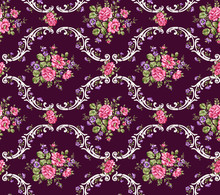 Shabby Chic Vintage Roses, Tulips And Forget-me-nots Vintage Seamless Pattern, Classic Chintz Floral Repeat Background For Surface Design And Textile Print