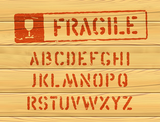 Military effect industrial typeset. Fragile freight distressed font. Typeset with rough edged letters. Typography on wooden box texture. Red stamp for container delivery