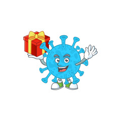 Sticker - Charming coronavirus backteria mascot design has a red box of gift