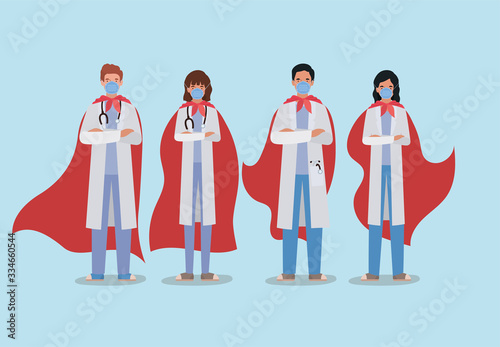 Fotografía women and men doctors heroes with cape against 2019 ncov virus vector design