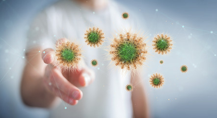 Poster - Man on blurred background analyzing coronavirus close-up 3D rendering