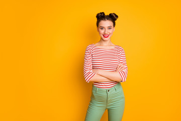 Canvas Print - Portrait of her she nice-looking attractive lovely charming pretty cute content cheerful cheery girl folded arms isolated over bright vivid shine vibrant yellow color background