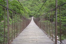 Rope Bridge In The Green Forest In Mountain