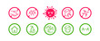 Coronavirus icon set for infographic with prevention tips and recommendations. Isolated corona virus flat signs with precautions and preventions to stop spreading. Vector