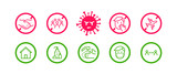 Fototapeta  - Coronavirus icon set for infographic with prevention tips and recommendations. Isolated corona virus flat signs with precautions and preventions to stop spreading. Vector