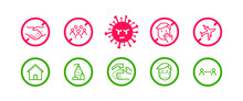 Coronavirus Icon Set For Infographic With Prevention Tips And Recommendations. Isolated Corona Virus Flat Signs With Precautions And Preventions To Stop Spreading. Vector