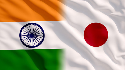 Sticker - Waving Japan and India National Flags with Fabric Texture