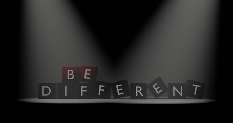 Poster - Be different letter at cube in dark background with volumetric lighting effect. 3D illustration with black space.