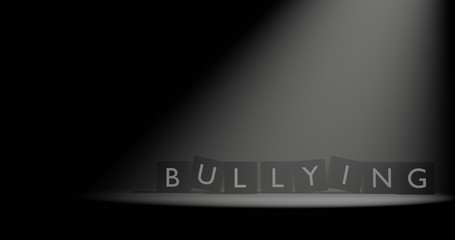Poster - Bullying letter at cube in dark background with volumetric spotlight effect. 3D illustration with empty space.