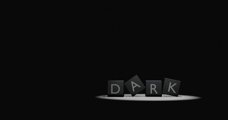 Poster - Dark letter at black box in spotlight with dark background. 3D illustration word with empty space.