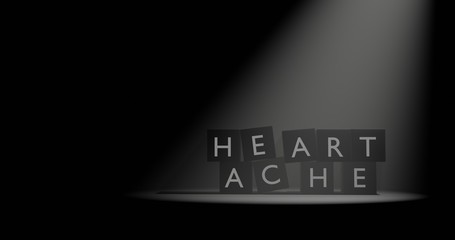 Poster - Heartache letter at cube in dark background with volumetric spotlight effect. 3D illustration with empty space.