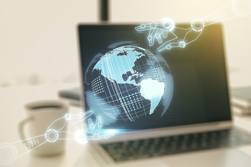 Aufkleber - Creative abstract robotics technology sketch with globe on modern laptop background, future technology and AI concept. Double exposure