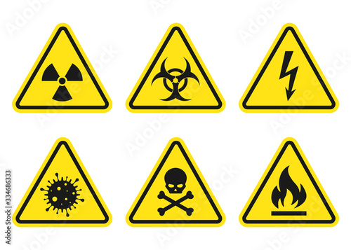 Cuadros en Lienzo Warning signs set - danger, radiation, biohazard, death, voltage, flame, virus